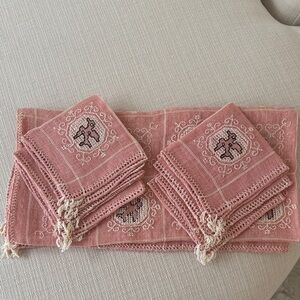 Vintage Italian Linen Handmade Pink Tablecloth and 6 napkins
